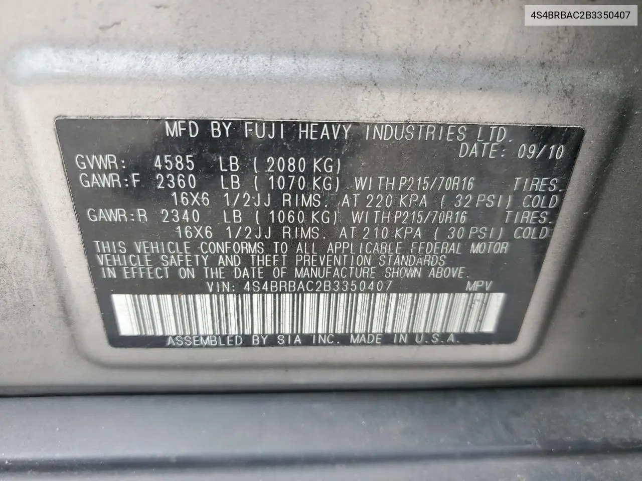 4S4BRBAC2B3350407 2011 Subaru Outback 2.5I