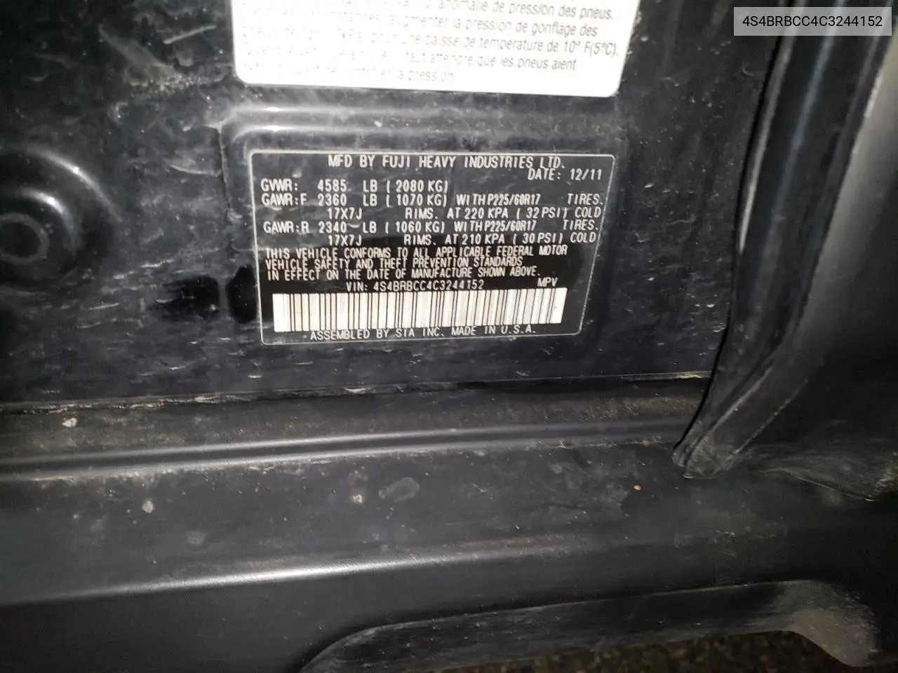 4S4BRBCC4C3244152 2012 Subaru Outback 2.5I Premium
