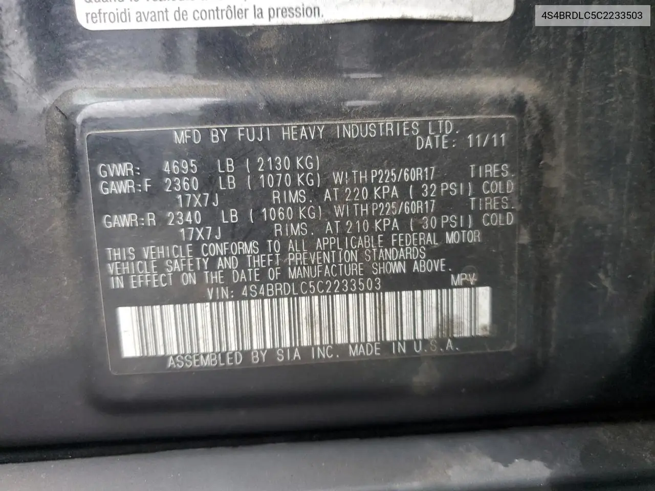 4S4BRDLC5C2233503 2012 Subaru Outback 3.6R Limited