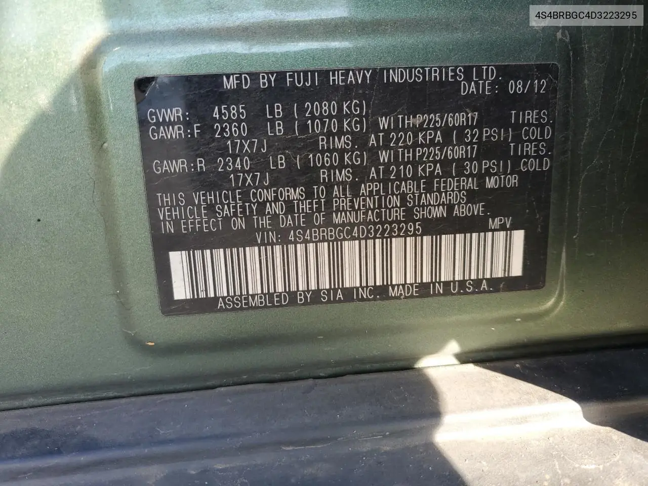 4S4BRBGC4D3223295 2013 Subaru Outback 2.5I Premium