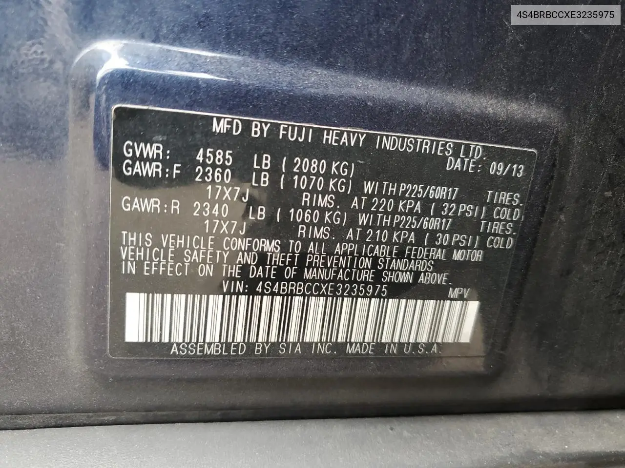 4S4BRBCCXE3235975 2014 Subaru Outback 2.5I Premium