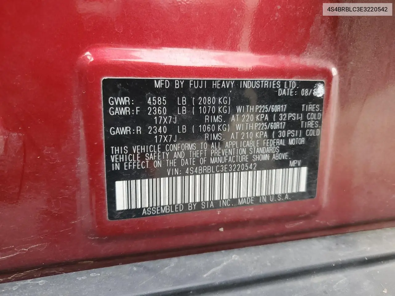 4S4BRBLC3E3220542 2014 Subaru Outback 2.5I Limited