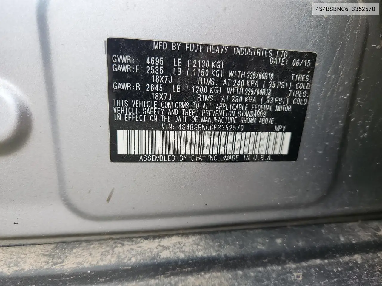 4S4BSBNC6F3352570 2015 Subaru Outback 2.5I Limited