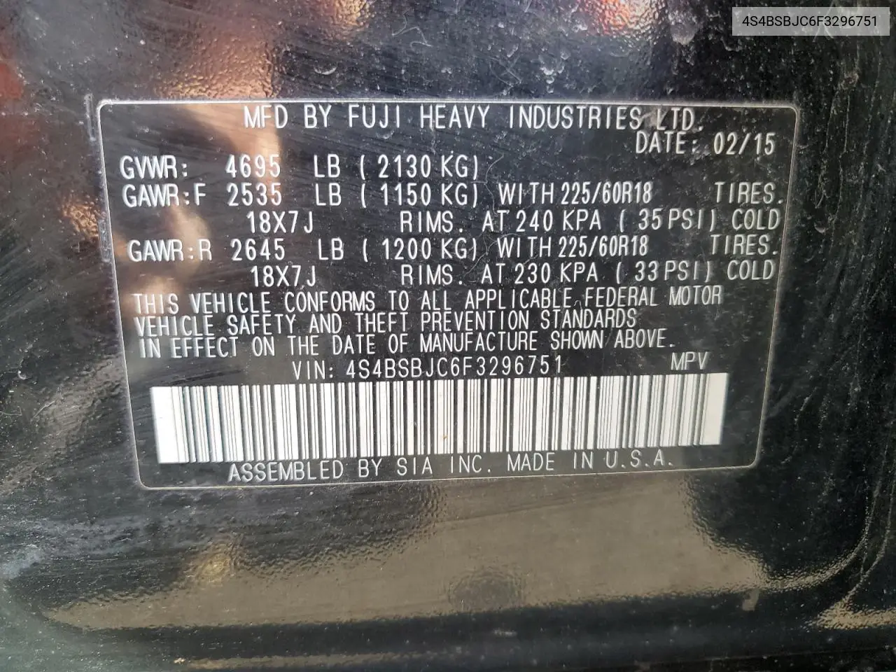4S4BSBJC6F3296751 2015 Subaru Outback 2.5I Limited