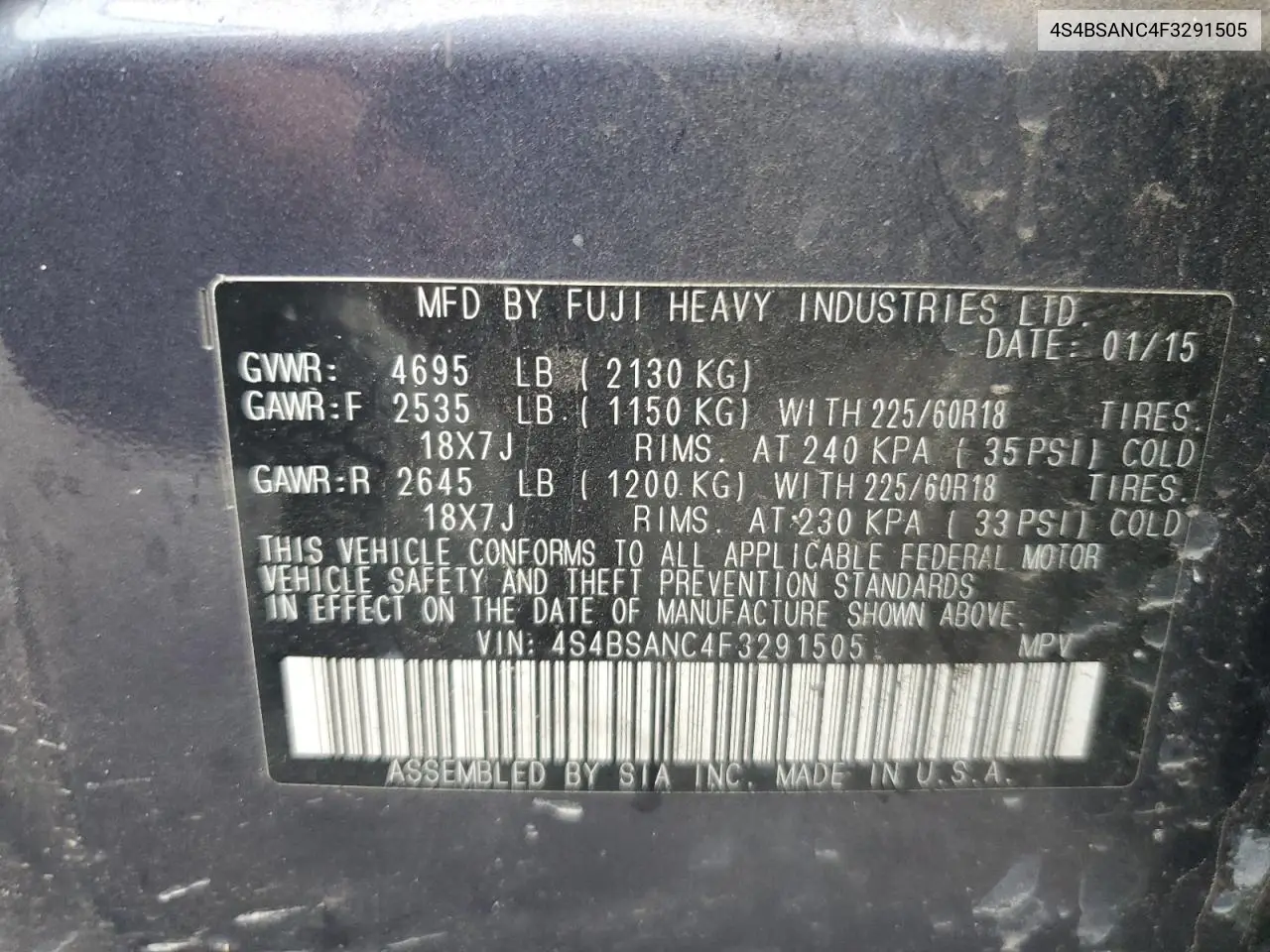 4S4BSANC4F3291505 2015 Subaru Outback 2.5I Limited