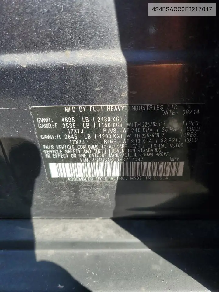4S4BSACC0F3217047 2015 Subaru Outback 2.5I Premium