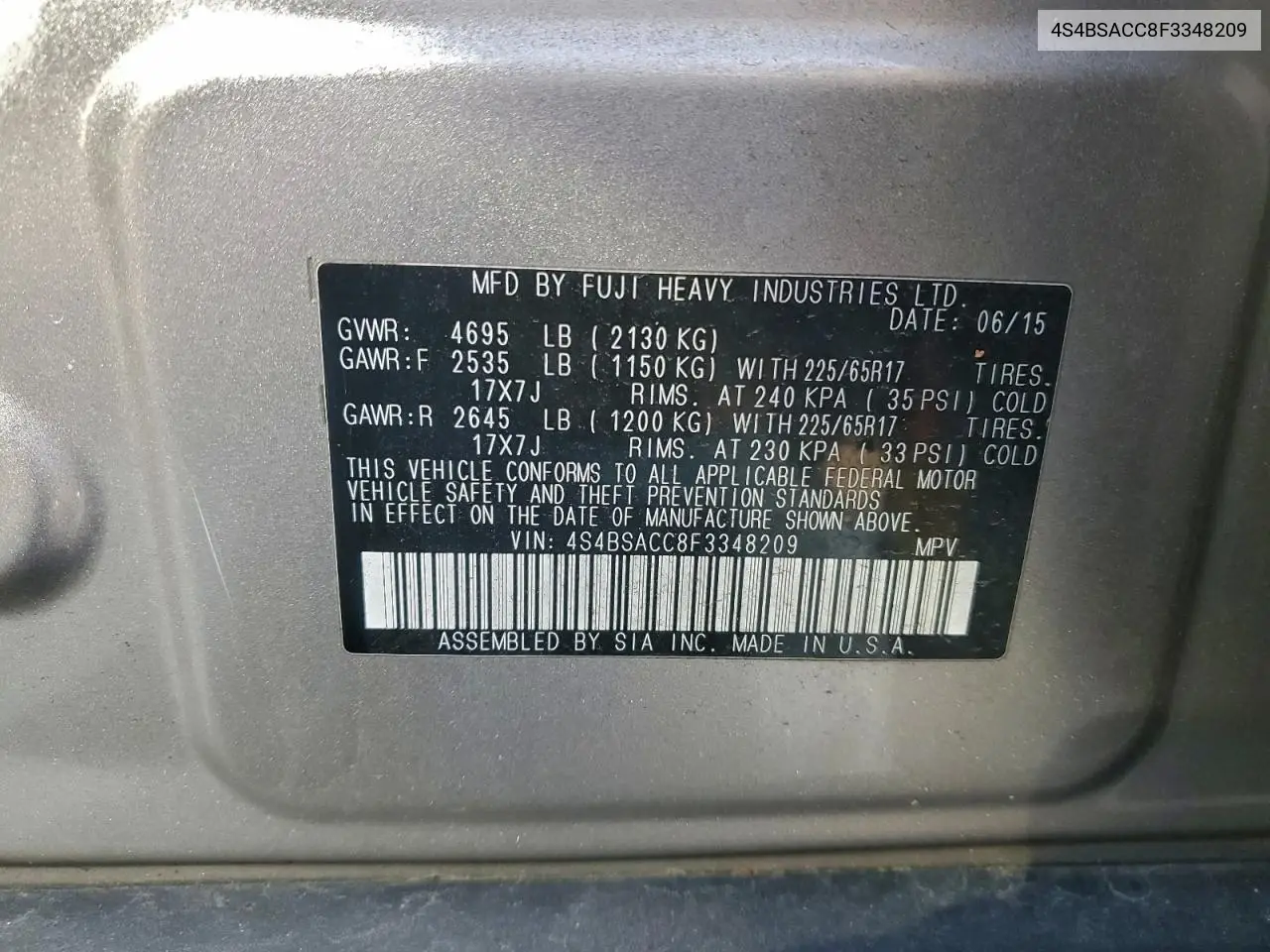 4S4BSACC8F3348209 2015 Subaru Outback 2.5I Premium