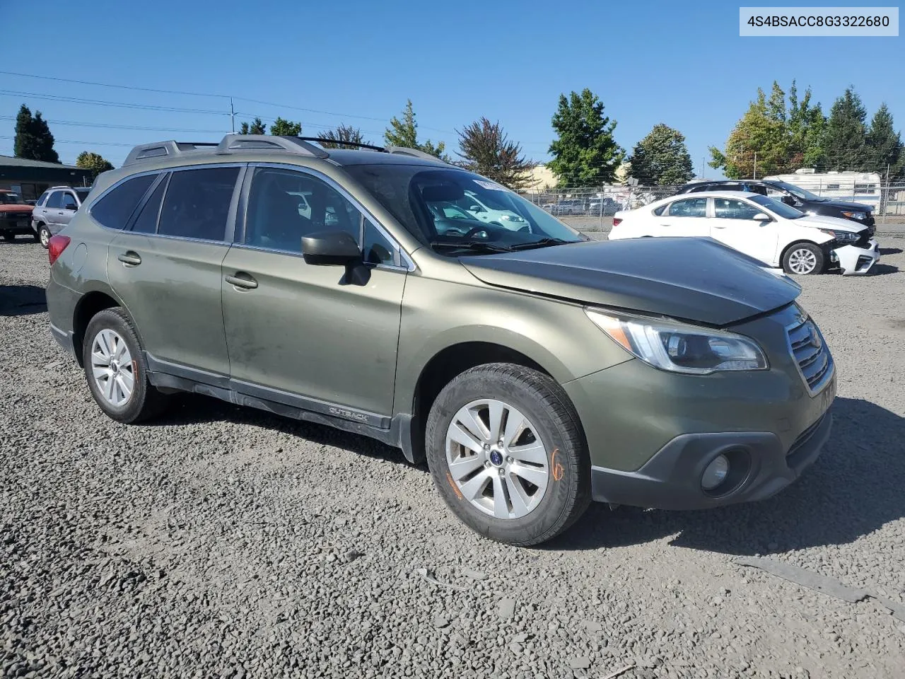 2016 Subaru Outback 2.5I Premium VIN: 4S4BSACC8G3322680 Lot: 68172144