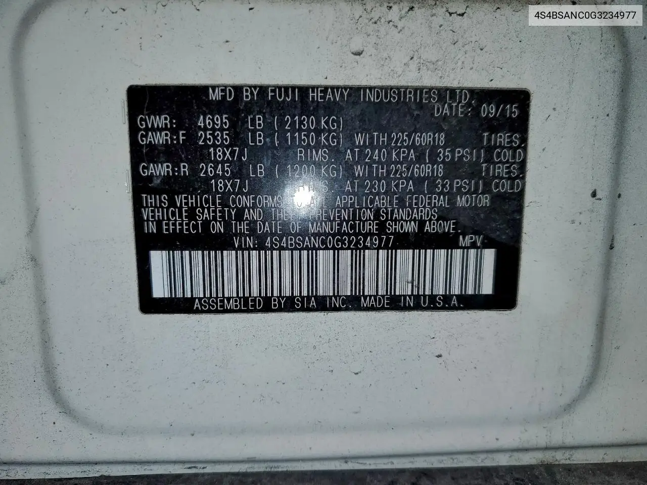 4S4BSANC0G3234977 2016 Subaru Outback 2.5I Limited