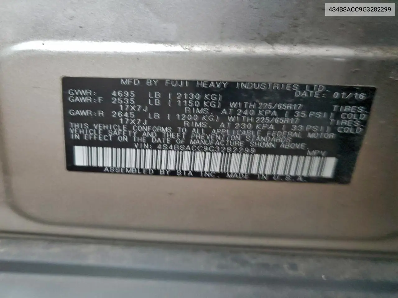 4S4BSACC9G3282299 2016 Subaru Outback 2.5I Premium