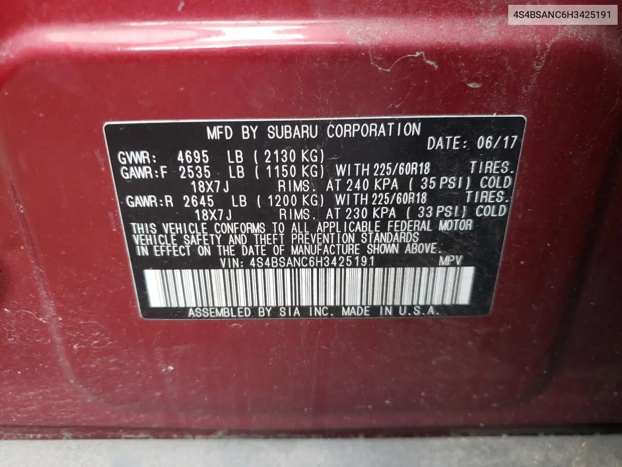 4S4BSANC6H3425191 2017 Subaru Outback 2.5I Limited