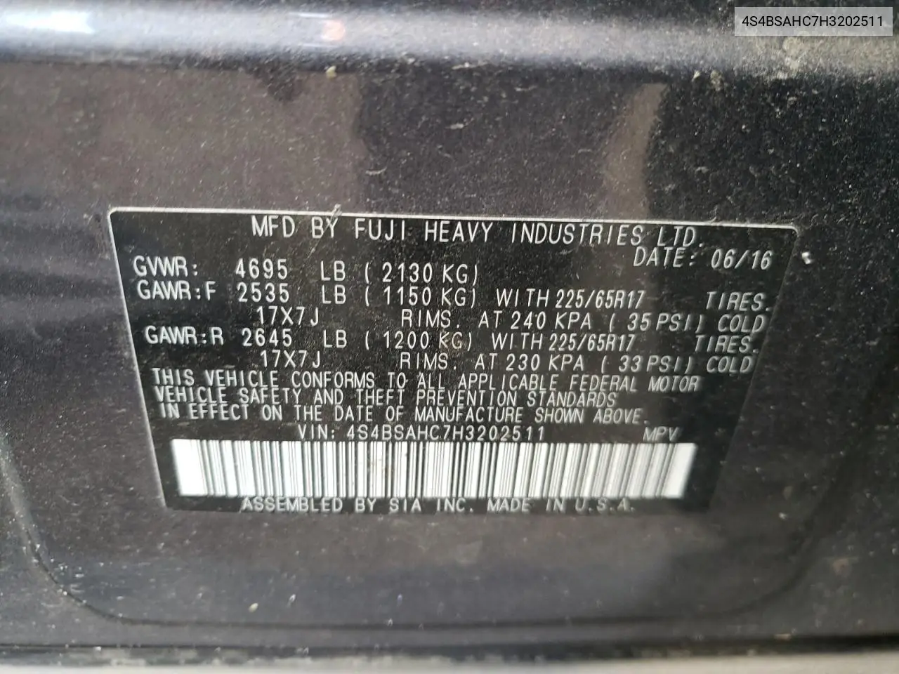 4S4BSAHC7H3202511 2017 Subaru Outback 2.5I Premium