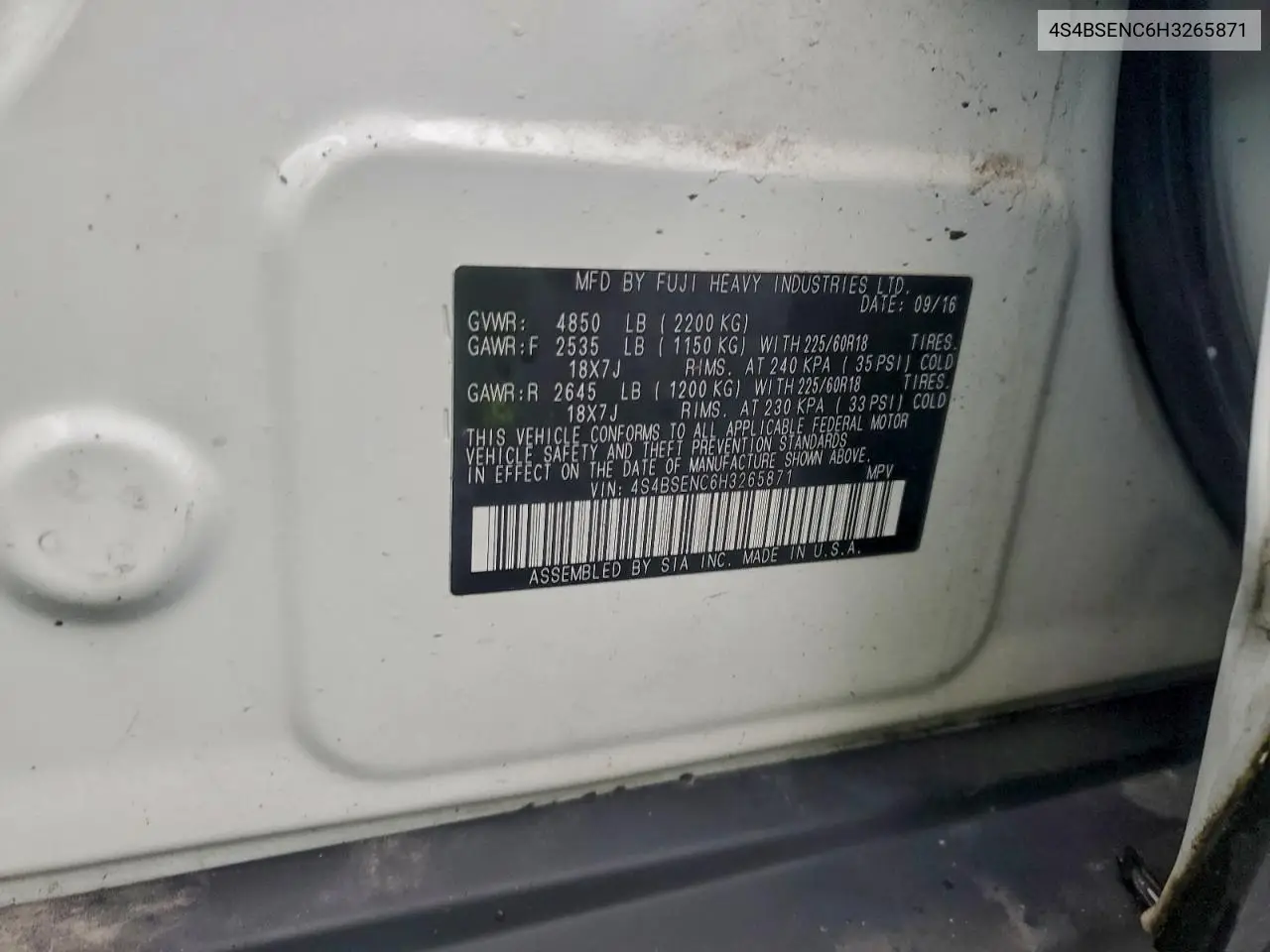 4S4BSENC6H3265871 2017 Subaru Outback 3.6R Limited