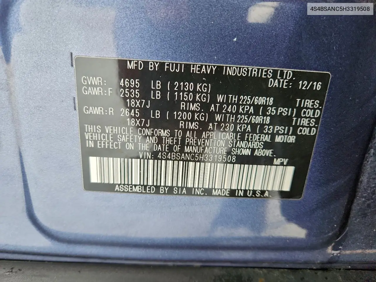 4S4BSANC5H3319508 2017 Subaru Outback 2.5I Limited