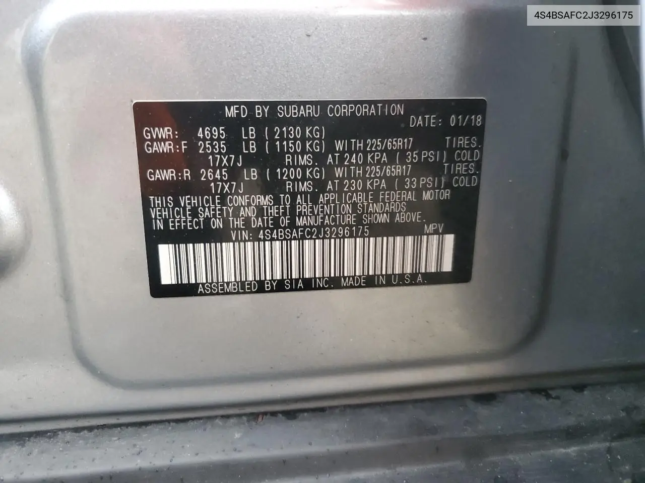 4S4BSAFC2J3296175 2018 Subaru Outback 2.5I Premium