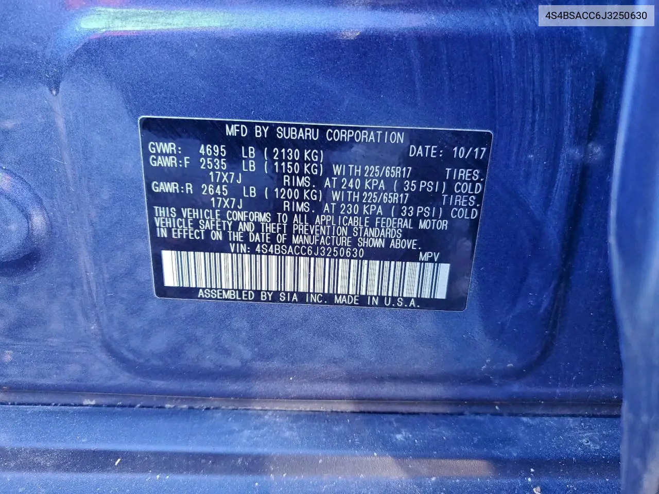 4S4BSACC6J3250630 2018 Subaru Outback 2.5I Premium