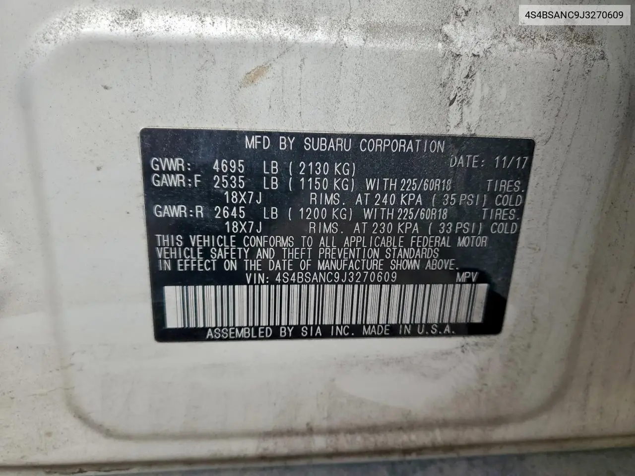 4S4BSANC9J3270609 2018 Subaru Outback 2.5I Limited