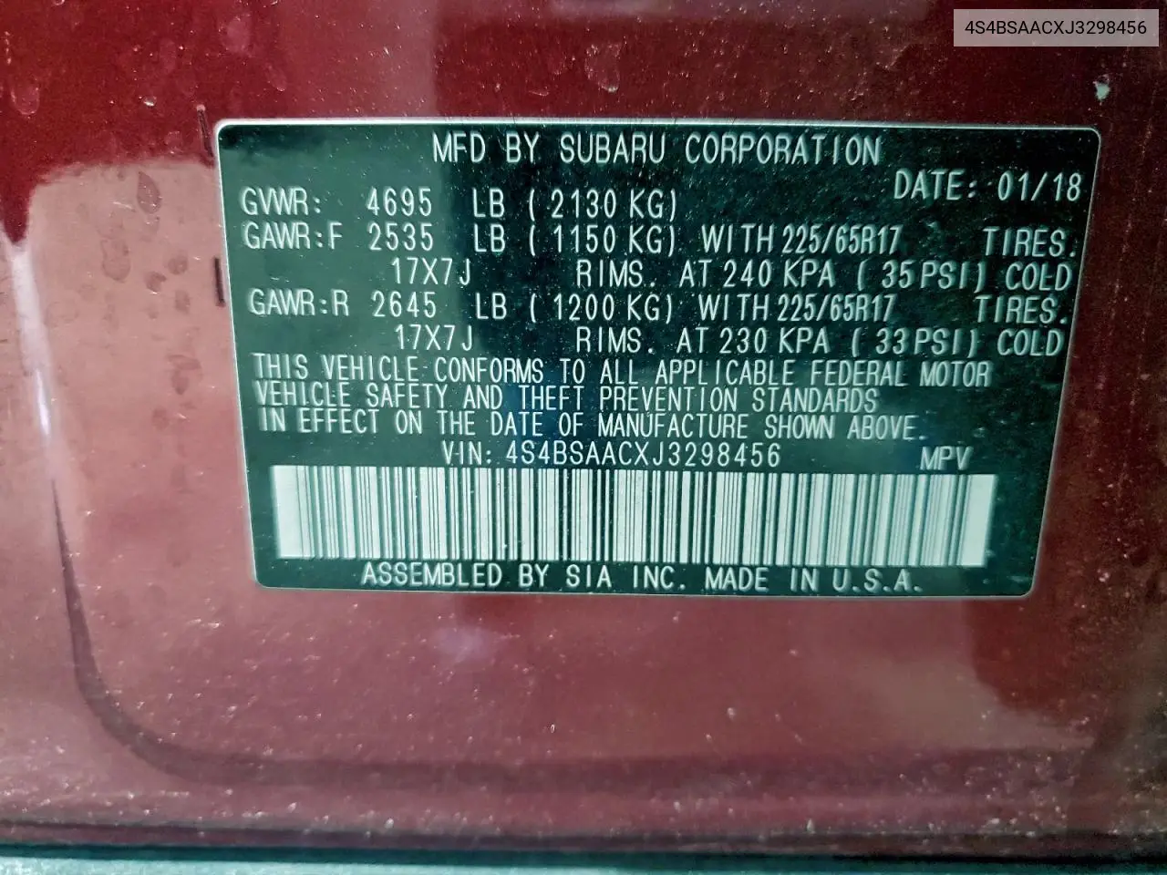 4S4BSAACXJ3298456 2018 Subaru Outback 2.5I