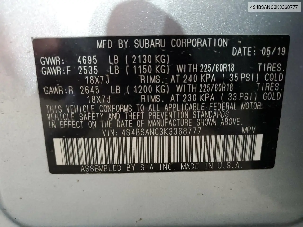 4S4BSANC3K3368777 2019 Subaru Outback 2.5I Limited