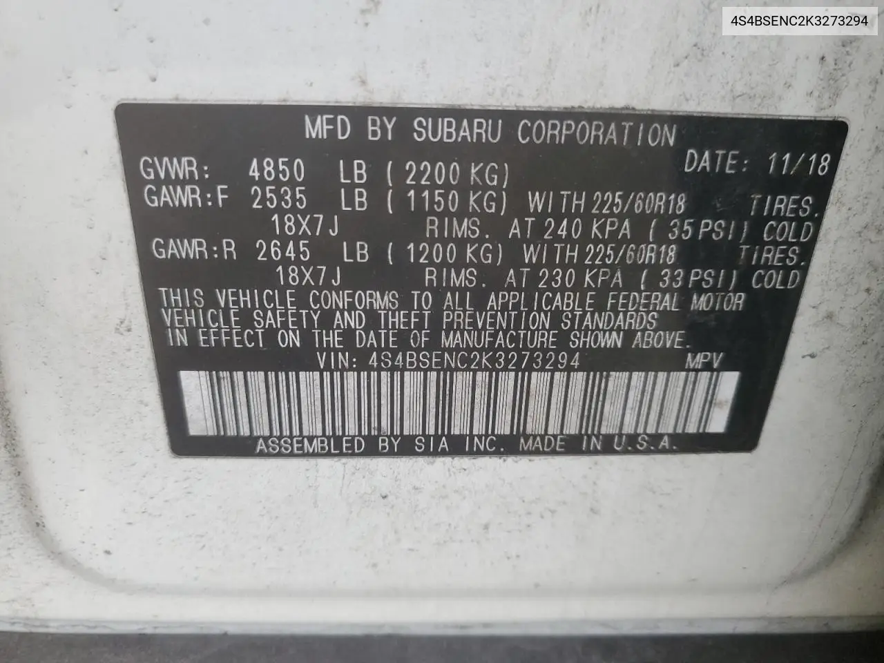 4S4BSENC2K3273294 2019 Subaru Outback 3.6R Limited