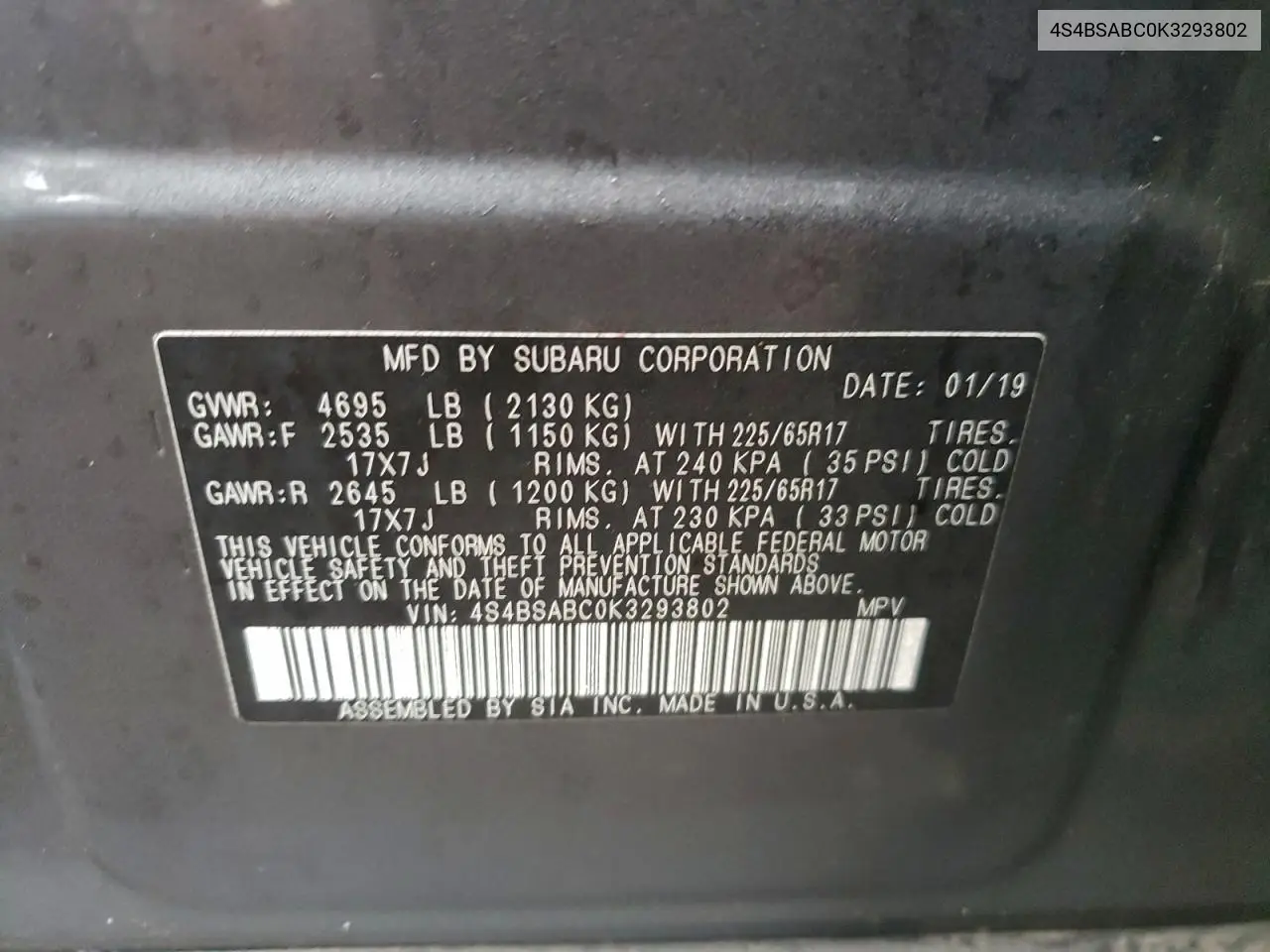 4S4BSABC0K3293802 2019 Subaru Outback 2.5I