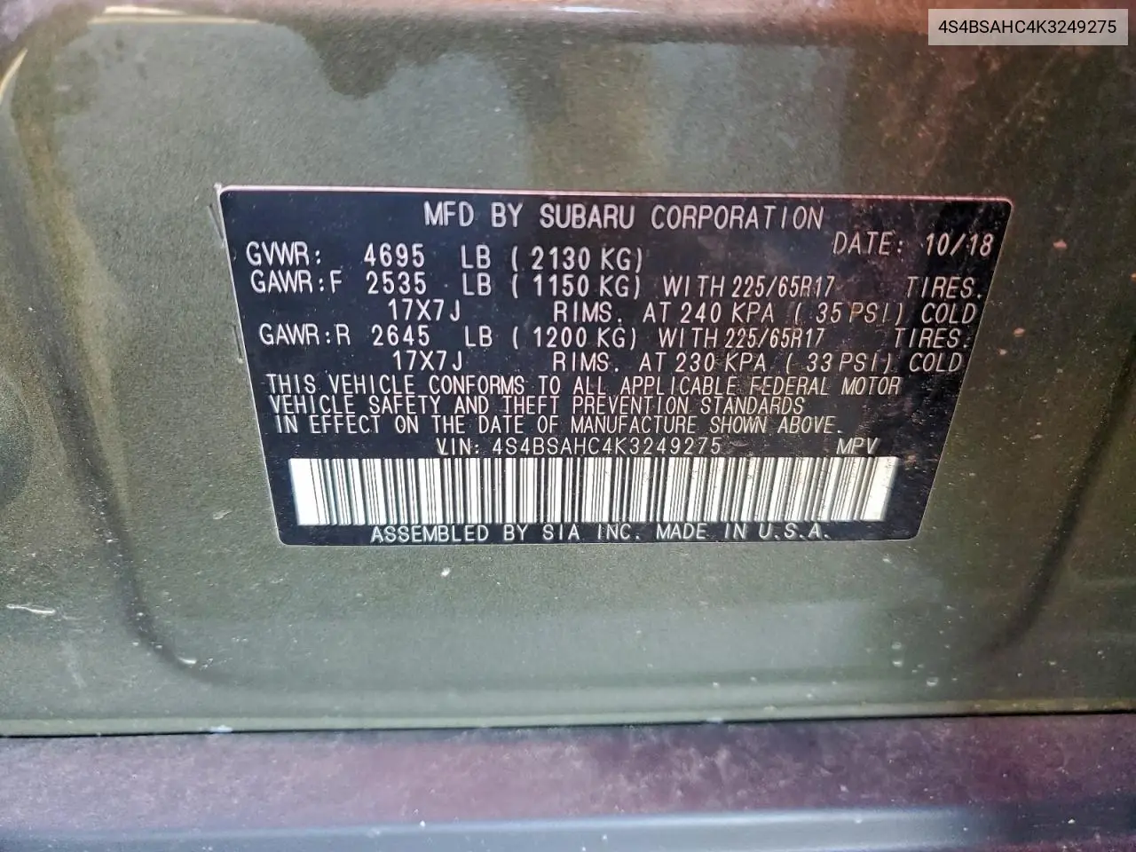 4S4BSAHC4K3249275 2019 Subaru Outback 2.5I Premium