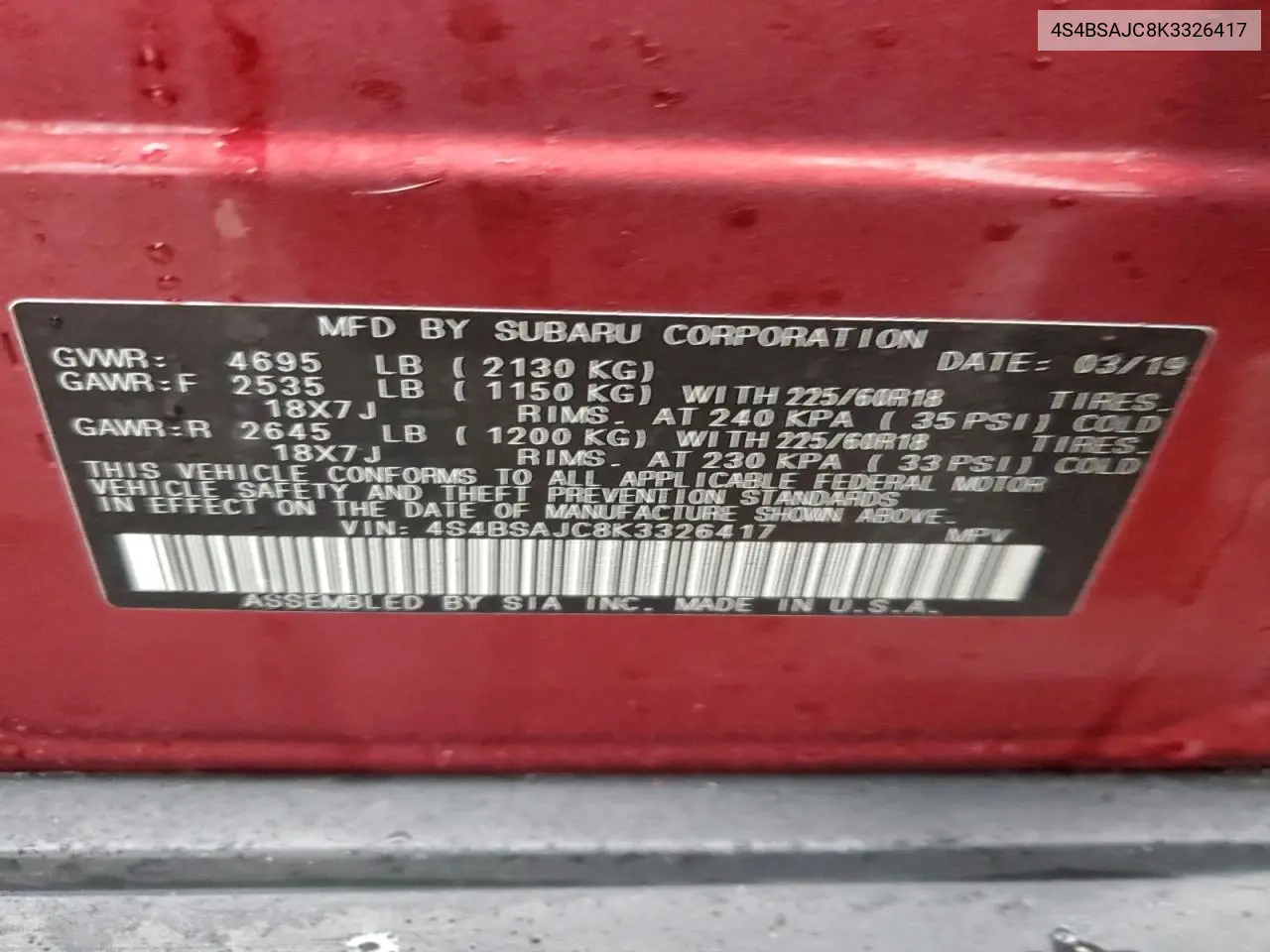 4S4BSAJC8K3326417 2019 Subaru Outback 2.5I Limited