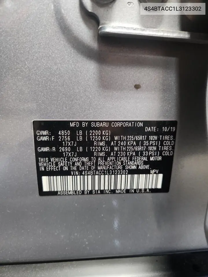 4S4BTACC1L3123302 2020 Subaru Outback Premium
