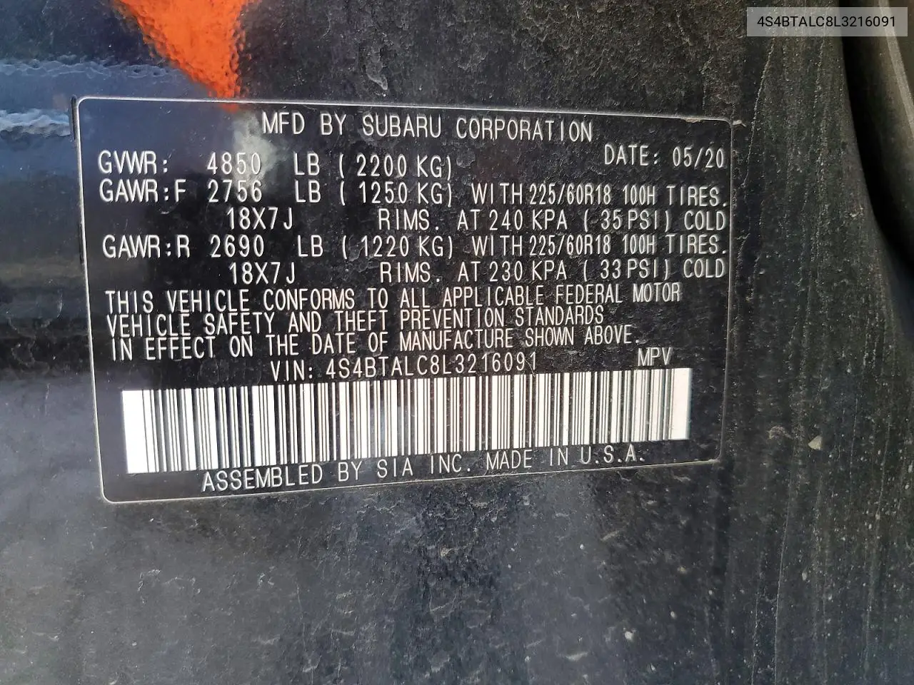 4S4BTALC8L3216091 2020 Subaru Outback Limited