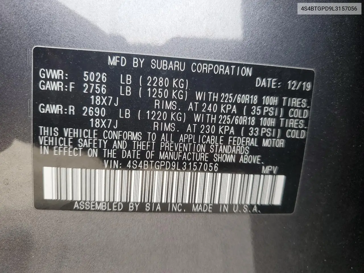 4S4BTGPD9L3157056 2020 Subaru Outback Touring Ldl