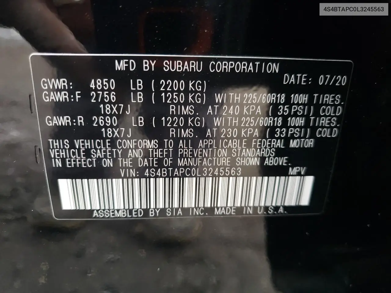 4S4BTAPC0L3245563 2020 Subaru Outback Touring