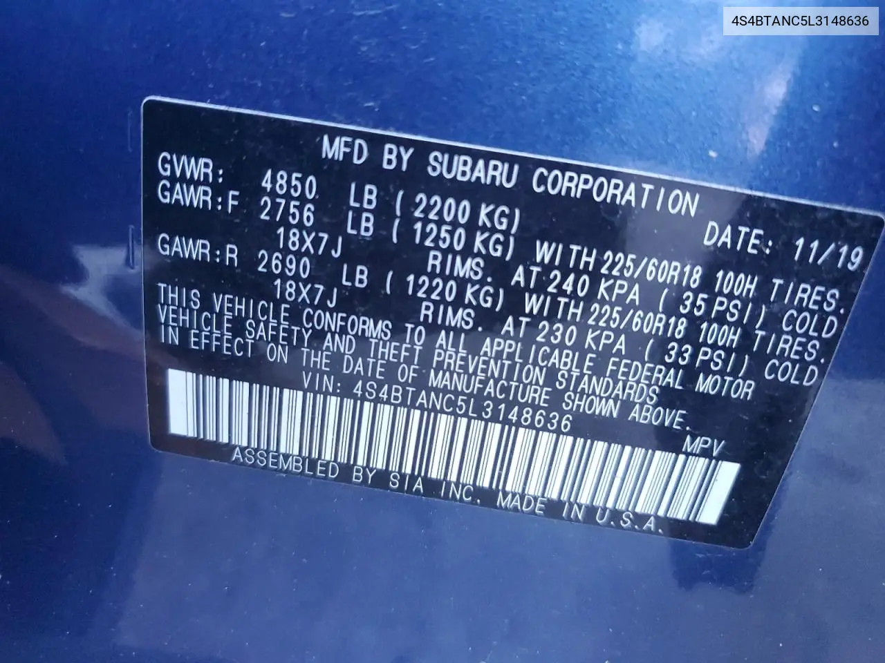 4S4BTANC5L3148636 2020 Subaru Outback Limited