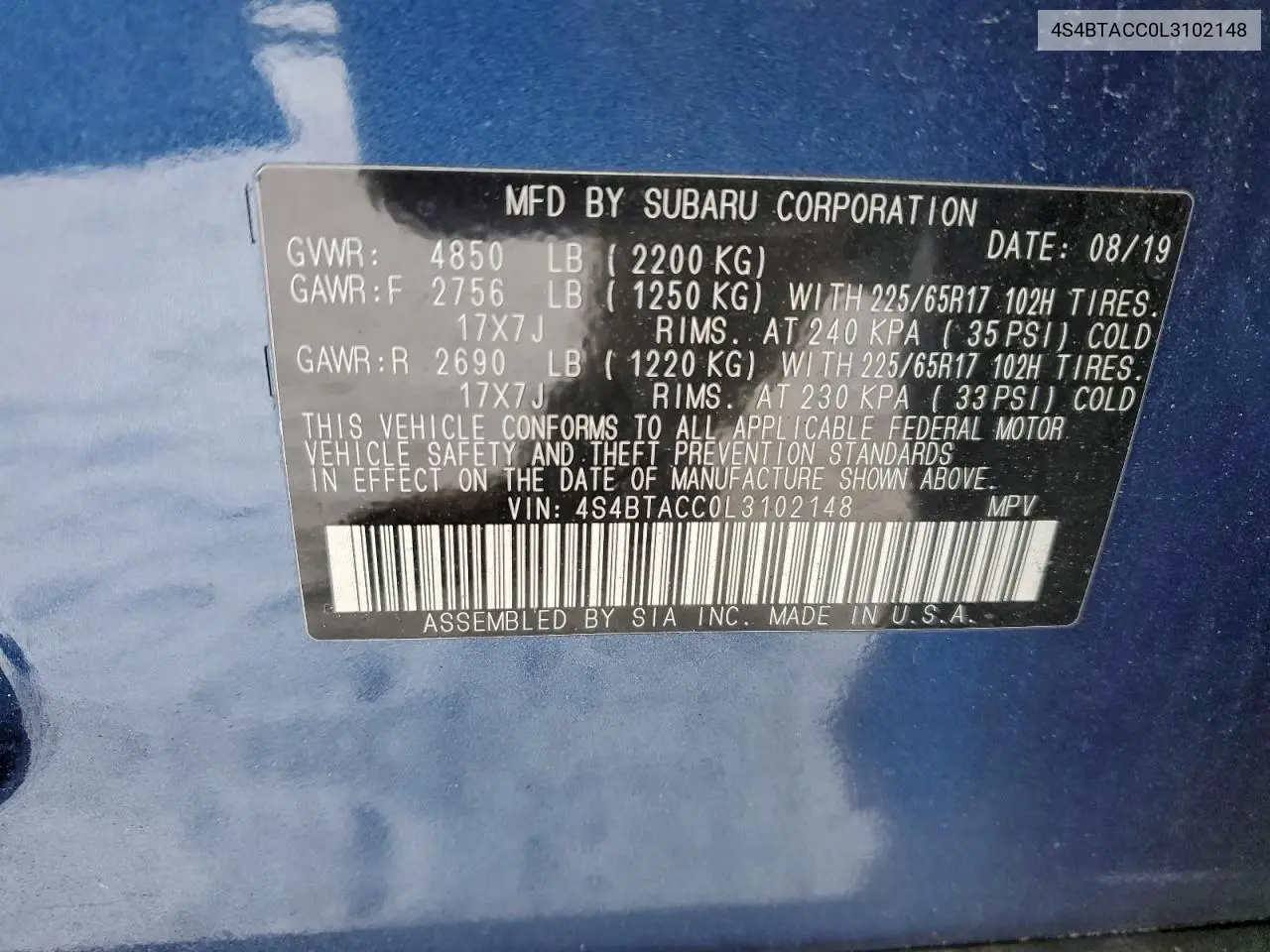 4S4BTACC0L3102148 2020 Subaru Outback Premium