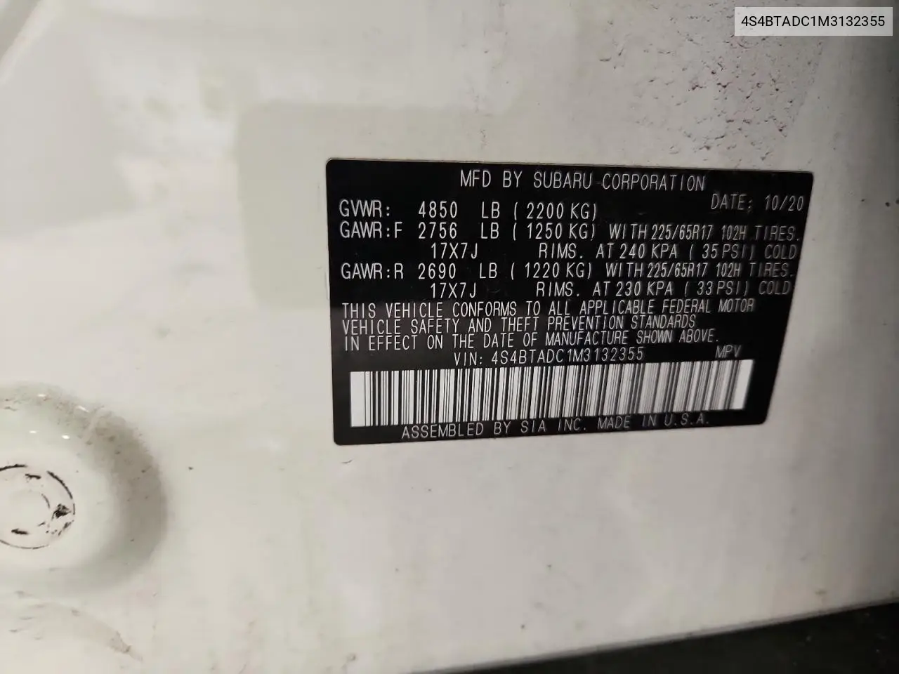 4S4BTADC1M3132355 2021 Subaru Outback Premium