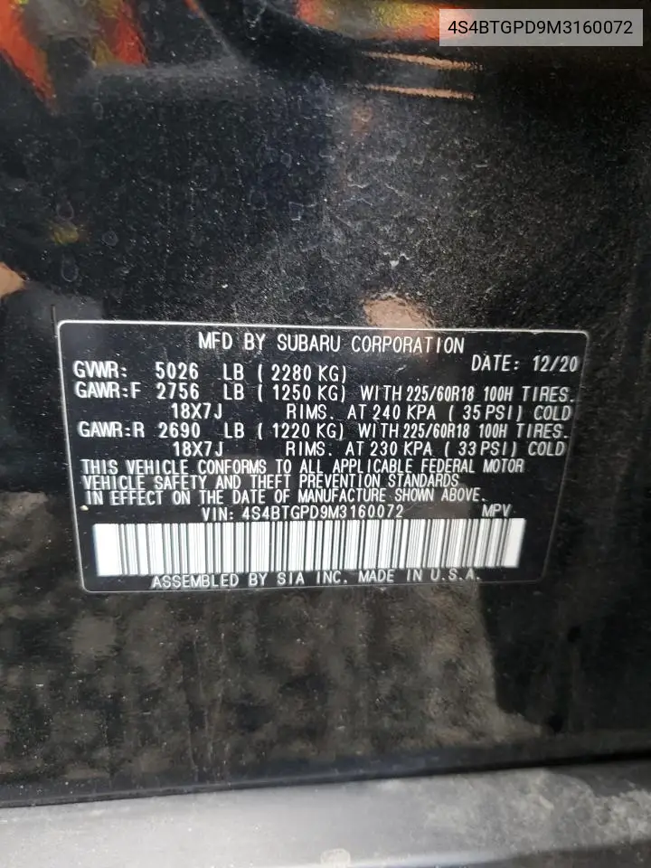 4S4BTGPD9M3160072 2021 Subaru Outback Touring