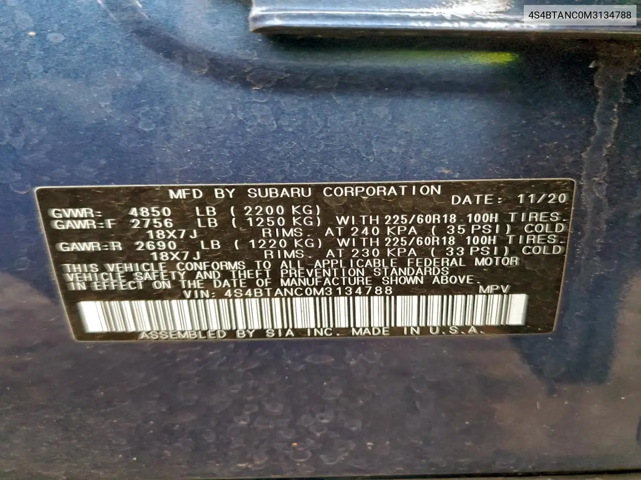 4S4BTANC0M3134788 2021 Subaru Outback Limited