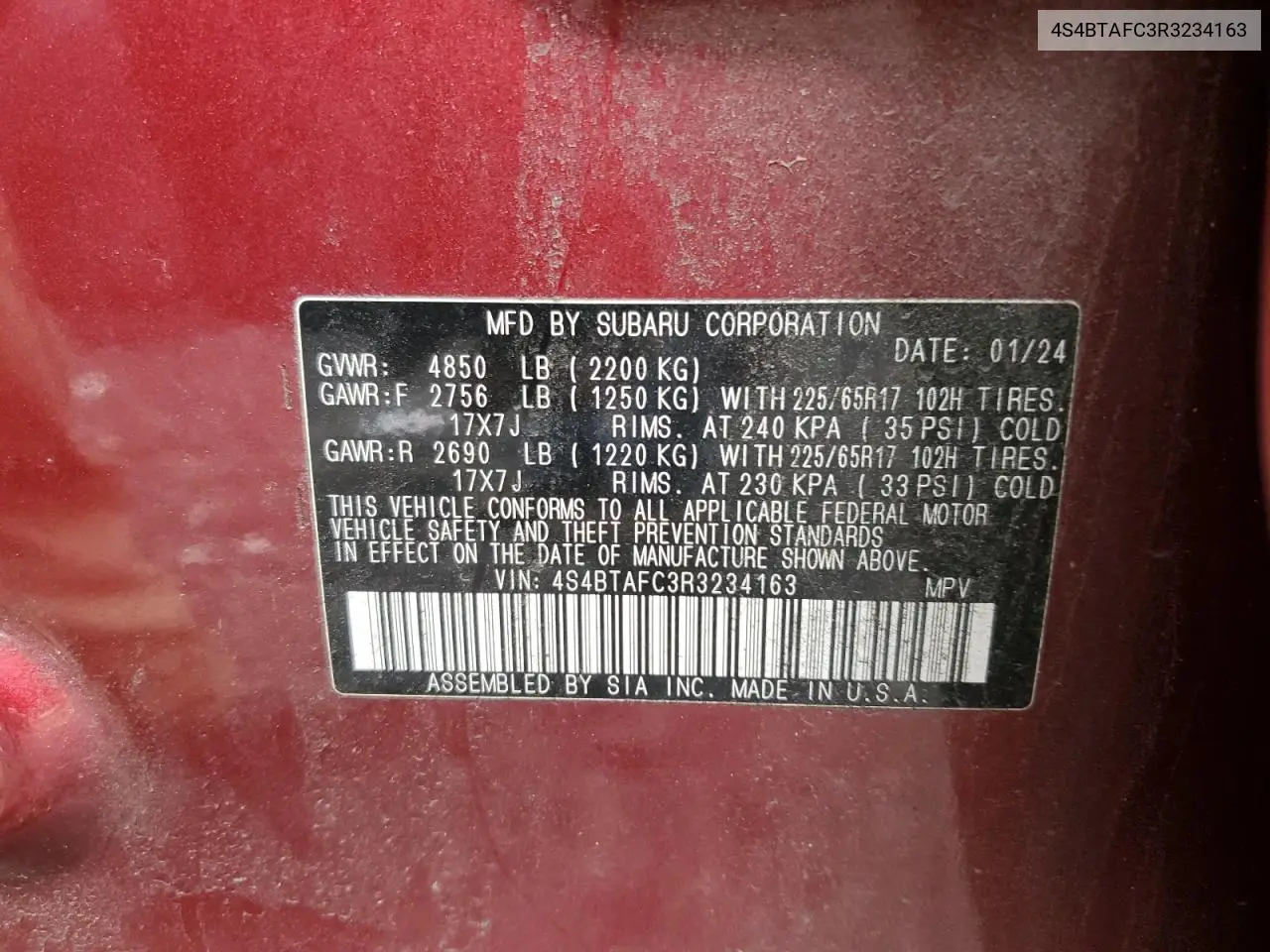 4S4BTAFC3R3234163 2024 Subaru Outback Premium