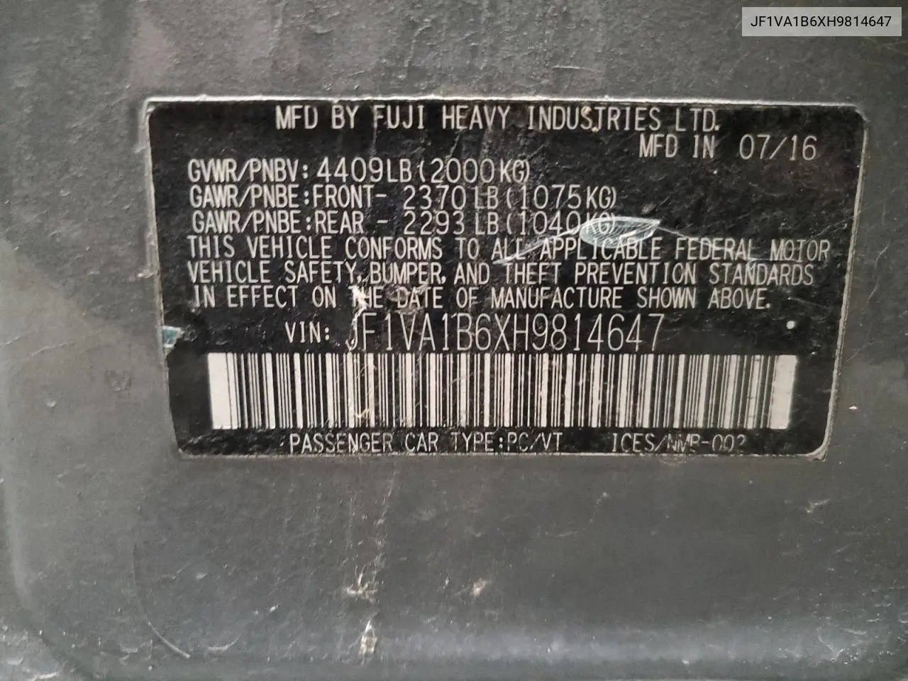 JF1VA1B6XH9814647 2017 Subaru Wrx
