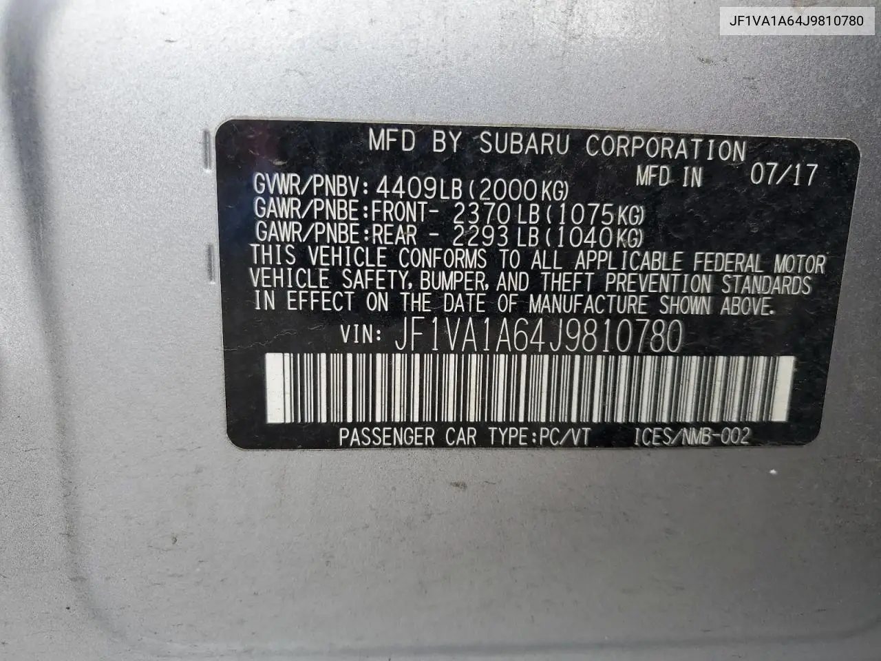JF1VA1A64J9810780 2018 Subaru Wrx