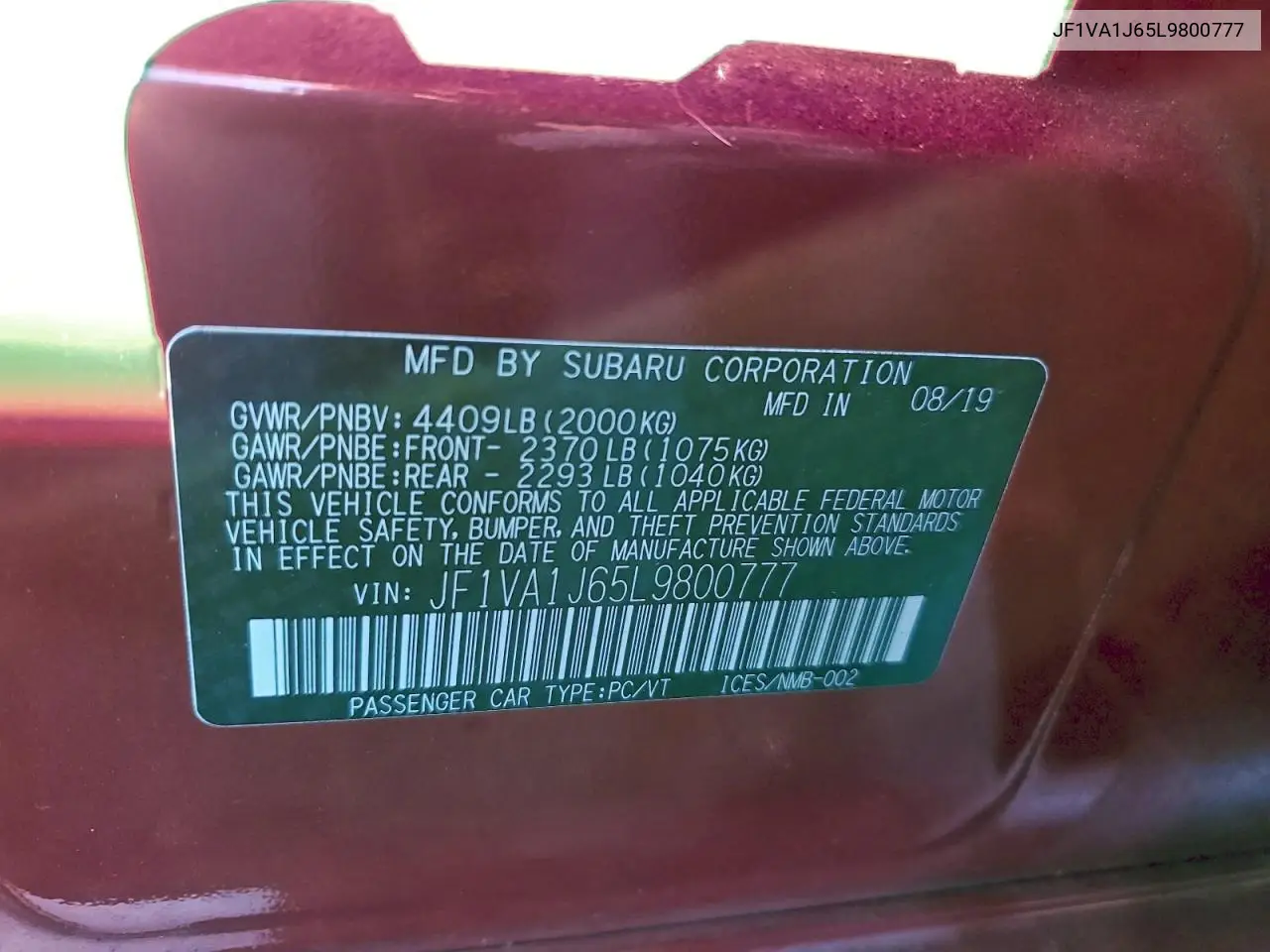 JF1VA1J65L9800777 2020 Subaru Wrx Limited