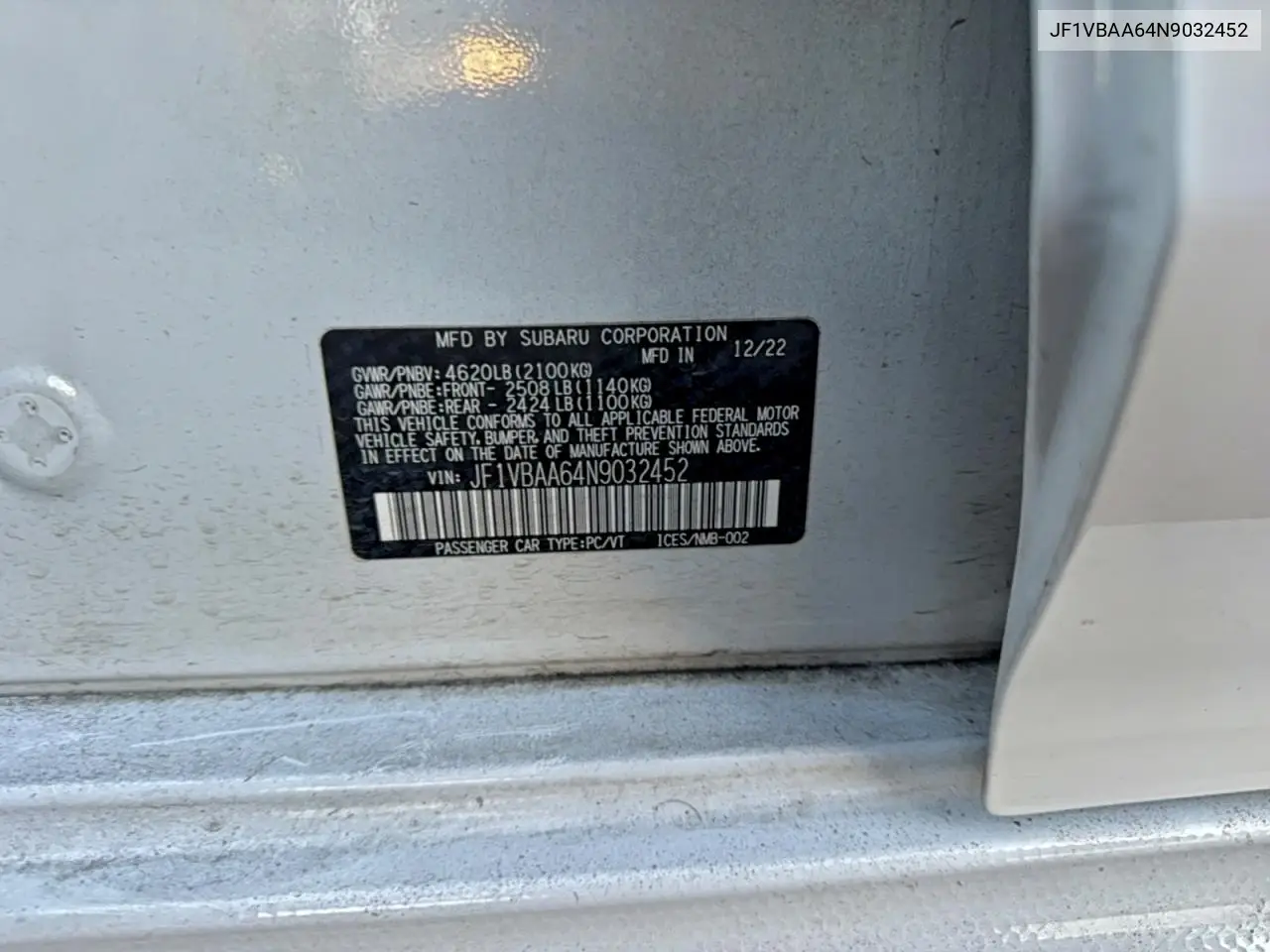 JF1VBAA64N9032452 2022 Subaru Wrx