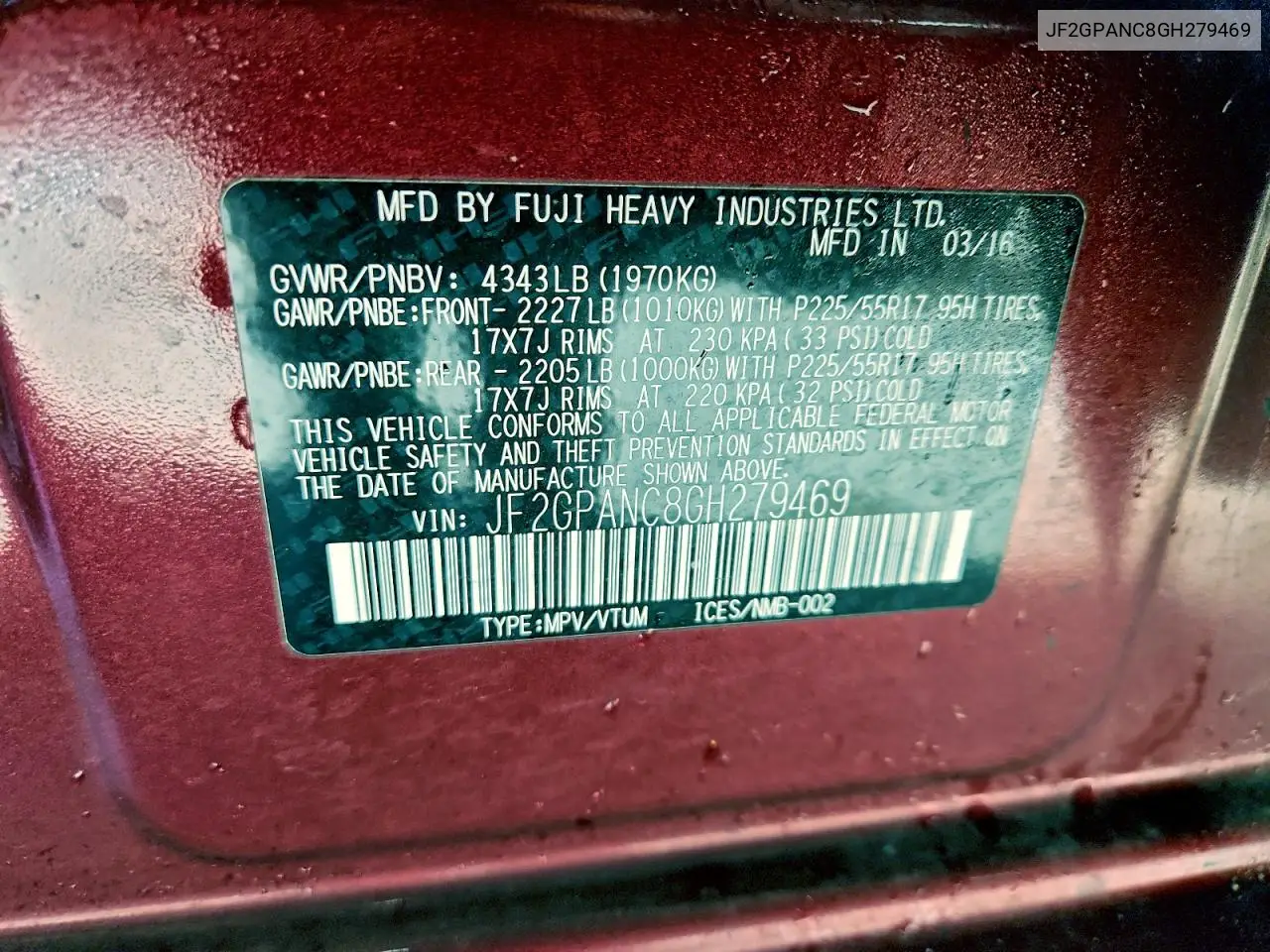 JF2GPANC8GH279469 2016 Subaru Crosstrek Limited