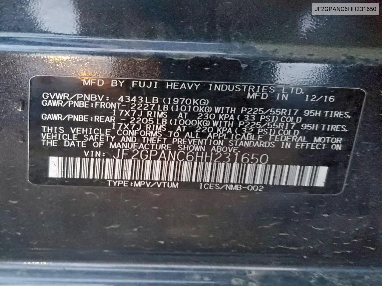 JF2GPANC6HH231650 2017 Subaru Crosstrek Limited