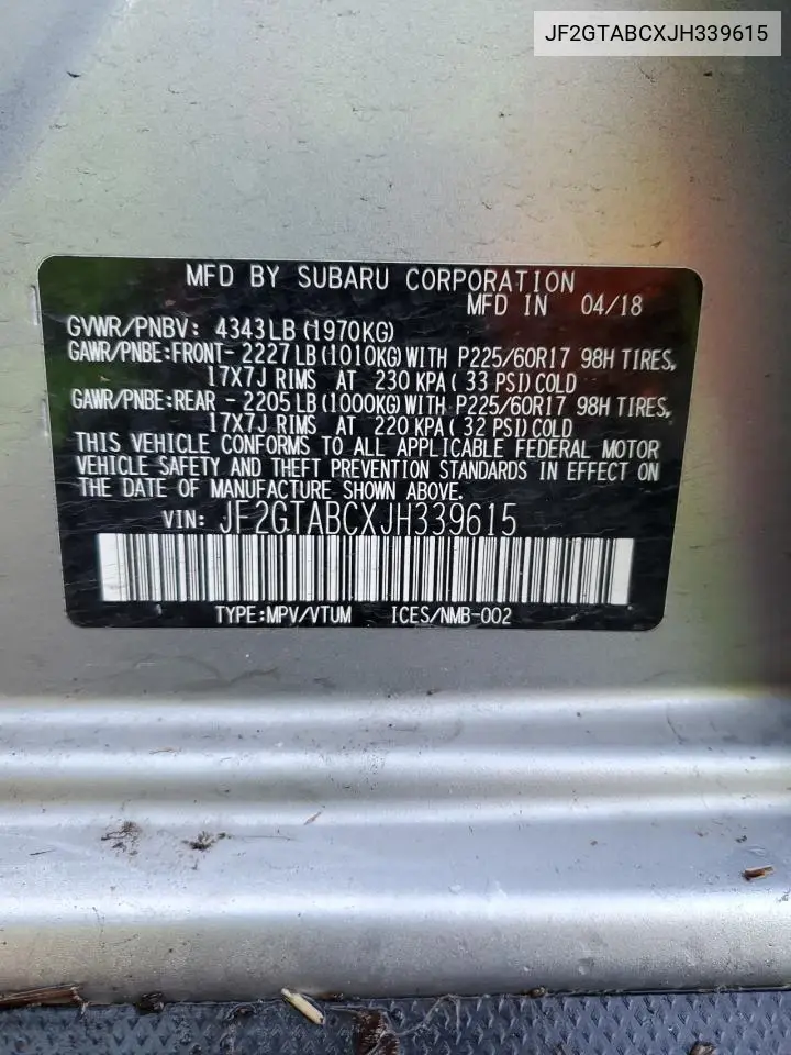 JF2GTABCXJH339615 2018 Subaru Crosstrek Premium