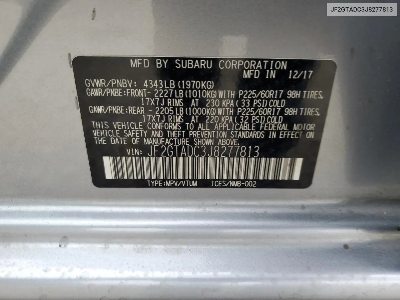 JF2GTADC3J8277813 2018 Subaru Crosstrek Premium