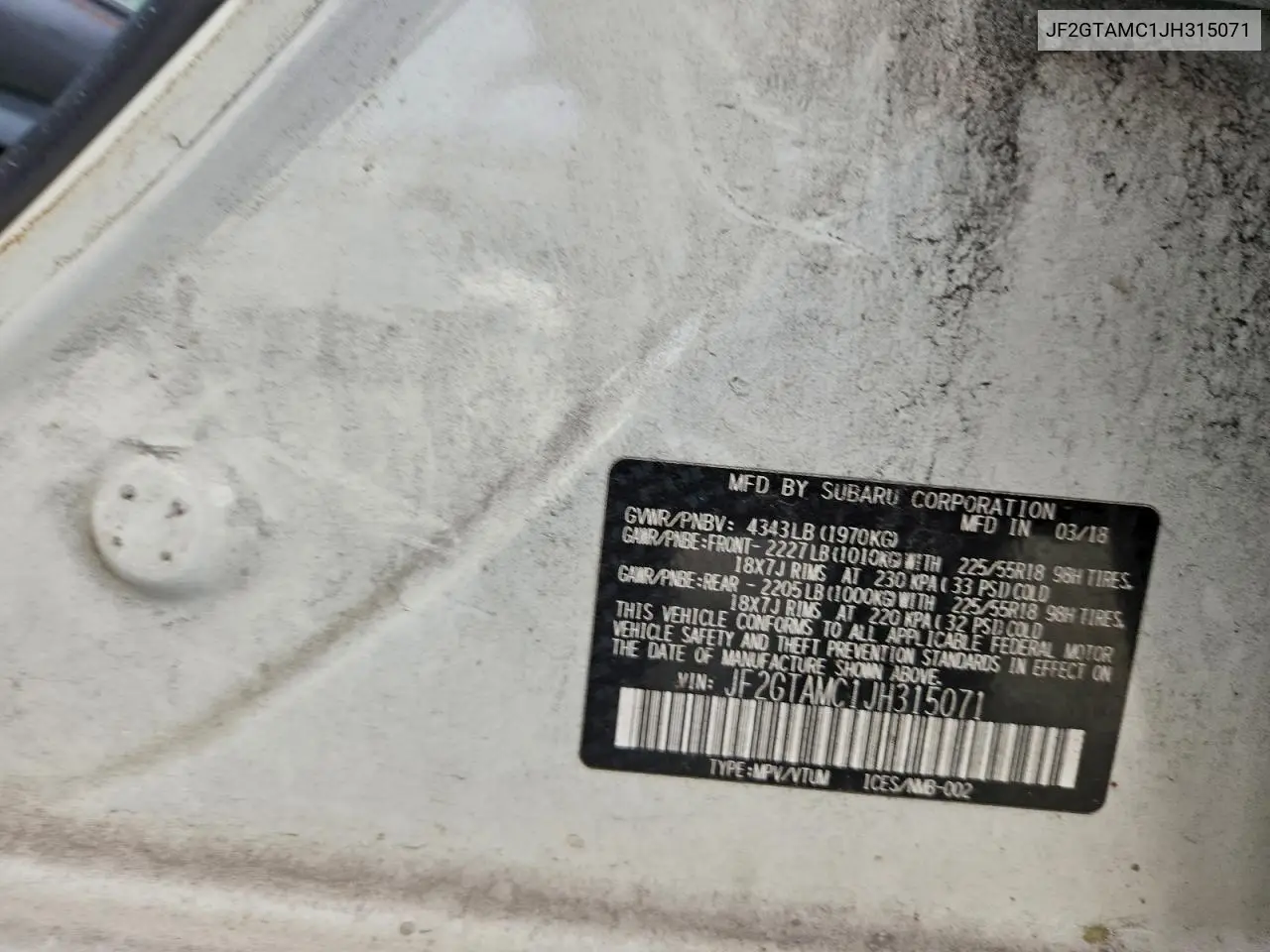 JF2GTAMC1JH315071 2018 Subaru Crosstrek Limited
