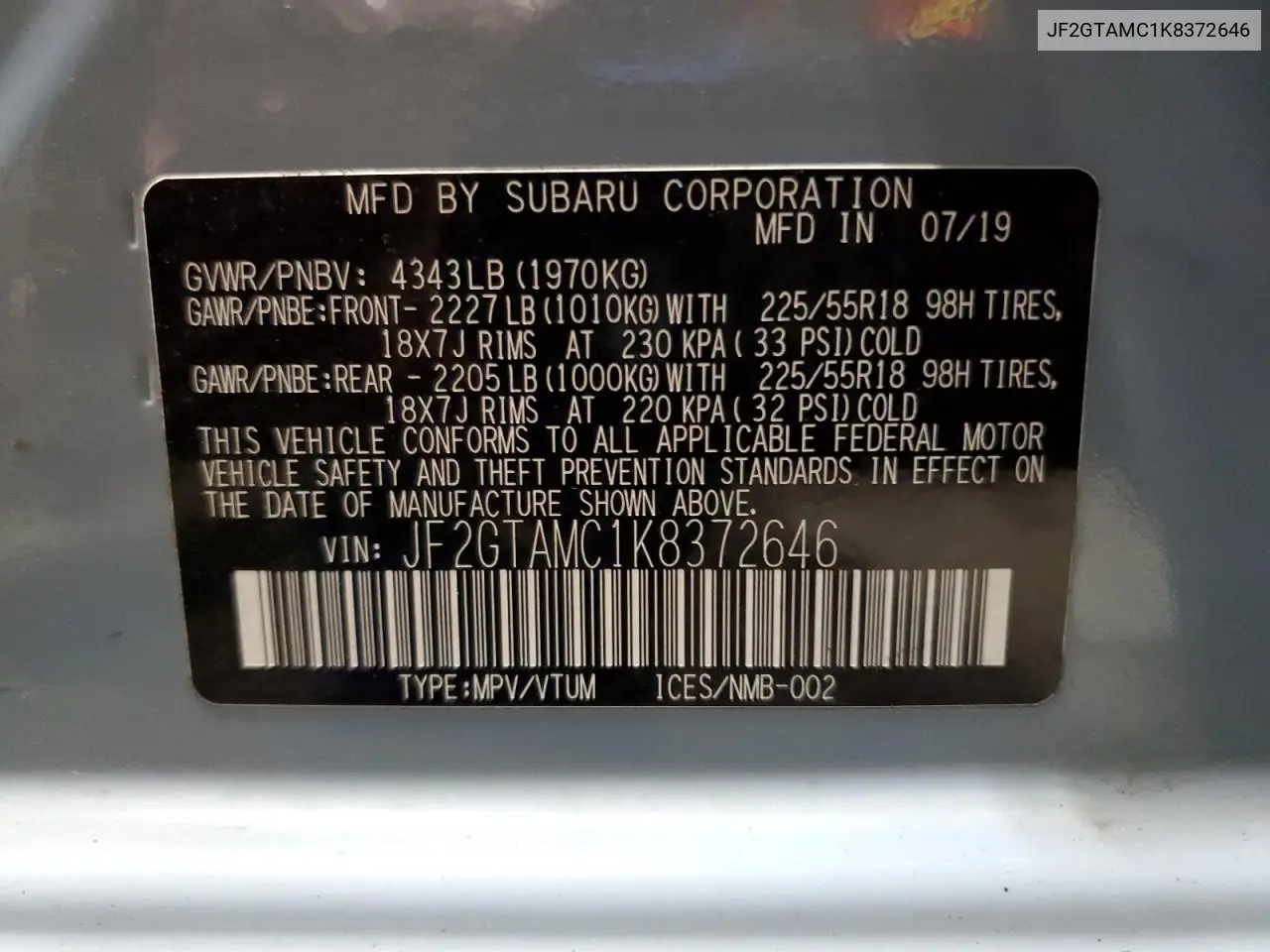 JF2GTAMC1K8372646 2019 Subaru Crosstrek Limited