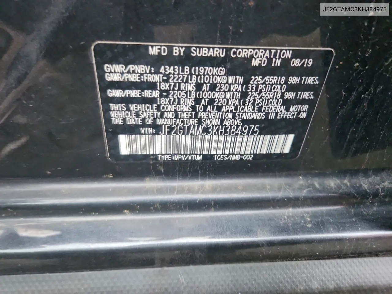 JF2GTAMC3KH384975 2019 Subaru Crosstrek Limited