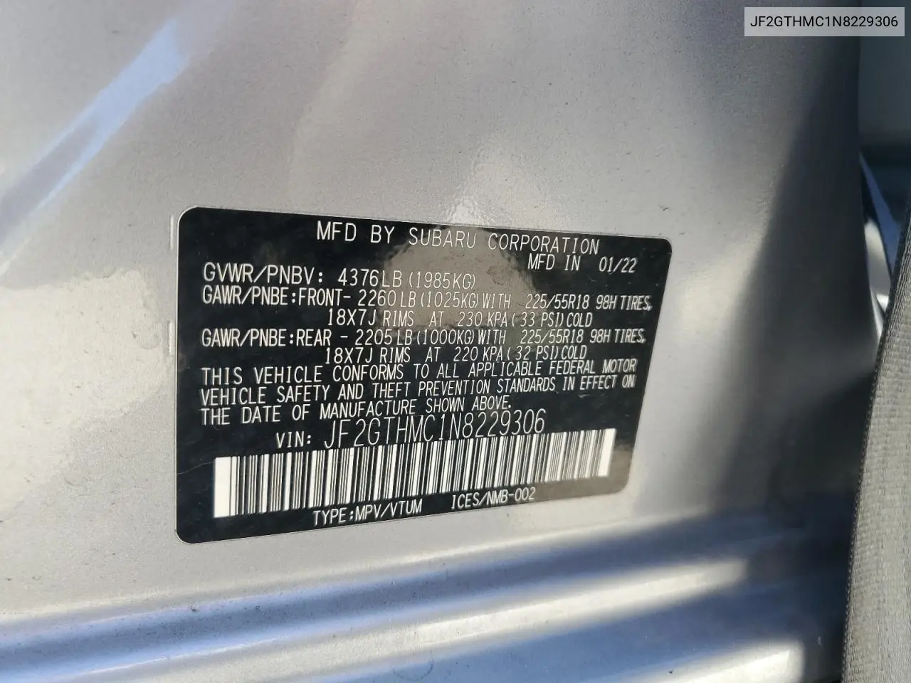JF2GTHMC1N8229306 2022 Subaru Crosstrek Limited