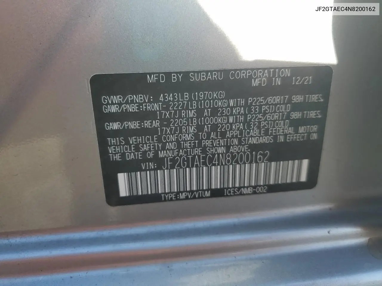 JF2GTAEC4N8200162 2022 Subaru Crosstrek Premium